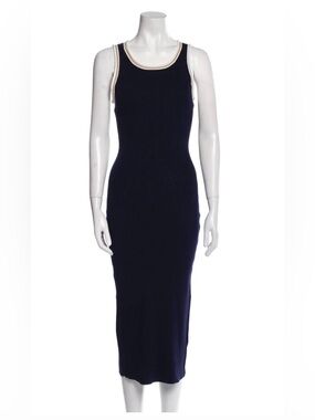 Caroline Constas New York Scoop Neck Navy Ribbed Midi Dress. White & Tan Trim. M